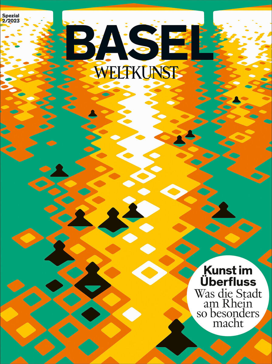 Cover des Magazins WELTKUNST Sonderheft 211/23 Basel Spezial mit einem grafischen Design in Grün, Gelb und Orange. Der Titel 'BASEL' und 'WELTKUNST' sind in großen Buchstaben abgedruckt. Unten rechts befindet sich ein Kreis mit dem Text 'Kunst im Überfluss: Was die Stadt am Rhein so besonders macht'.