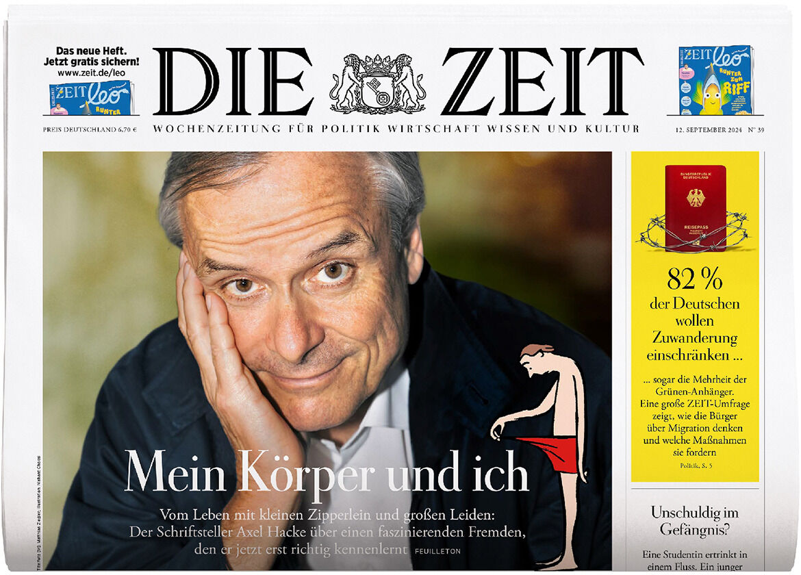 Cover der Zeitschrift DIE ZEIT Ausgabe 39/2024. Im Mittelpunkt steht ein Mann mit einer nachdenklichen Pose und der Titel 'Mein Körper und ich'. Auf der rechten Seite befindet sich ein gelber Bereich mit einem Artikel, der 82% der Deutschen betrifft. Oben der Zeitungstitel und das Logo von DIE ZEIT.