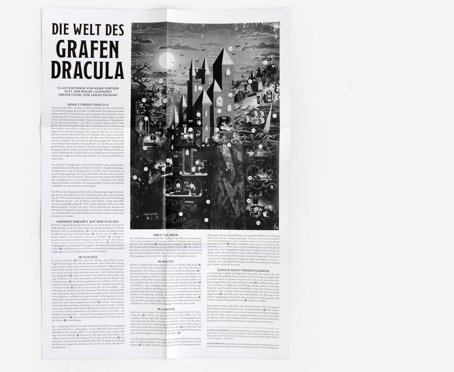 Die Welt des Grafen Dracula Puzzle zeigt eine detaillierte, düstere Illustration eines gotischen Schlosses in einer nächtlichen, geheimnisvollen Landschaft, umgeben von Text, der den Hintergrund und die Geschichte des Puzzles erklärt. Das Bild ist hauptsächlich in Schwarz-Weiß gehalten.
