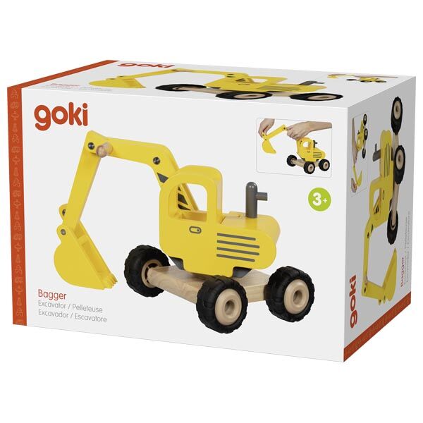 Die Abbildung zeigt eine Verpackung mit einem gelben Holz-Bagger-Spielzeug von Goki. Das Fahrzeug hat vier schwarze Räder und ein drehbares Führerhaus. Auf der Verpackung sind Produktfotos sowie die Altersangabe ab 3 Jahren abgedruckt.