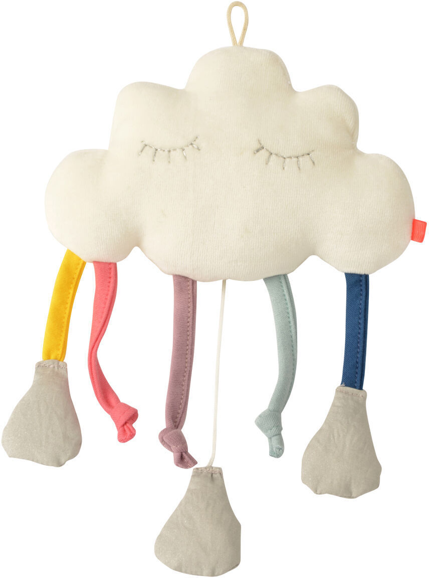 Weiße Spieluhr in Form einer Wolke mit geschlossenen Augen und farbigen Anhängern in Gelb, Rosa, Lila, Blau und Grau.