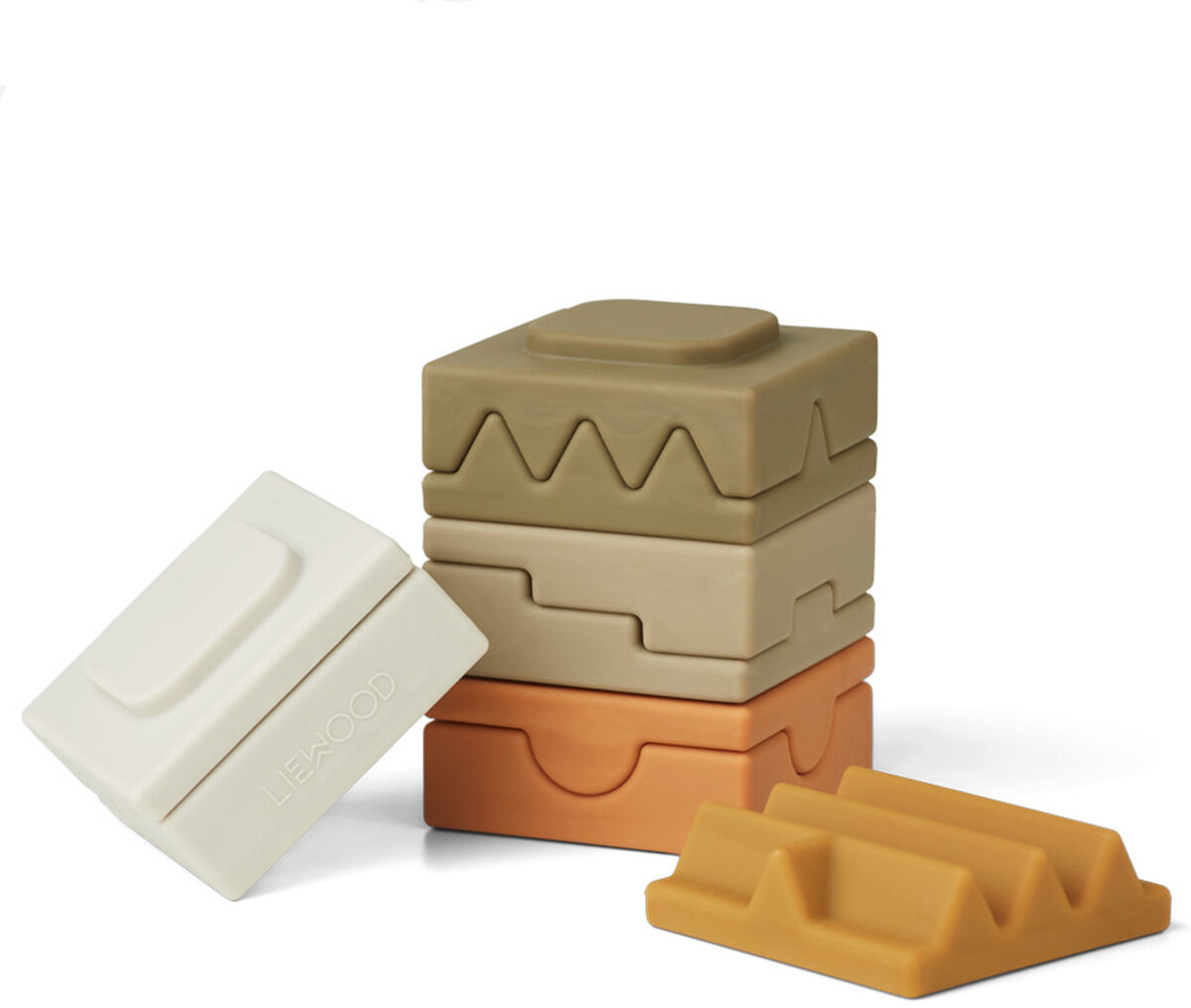 Ein Stapelturm mit dem Namen »Morgan«, bestehend aus verschiedenen Holzblöcken in Beige, Weiß, Hellbraun und Savannengelb. Geeignet für Kinder, bietet er sowohl pädagogischen als auch spielerischen Mehrwert.