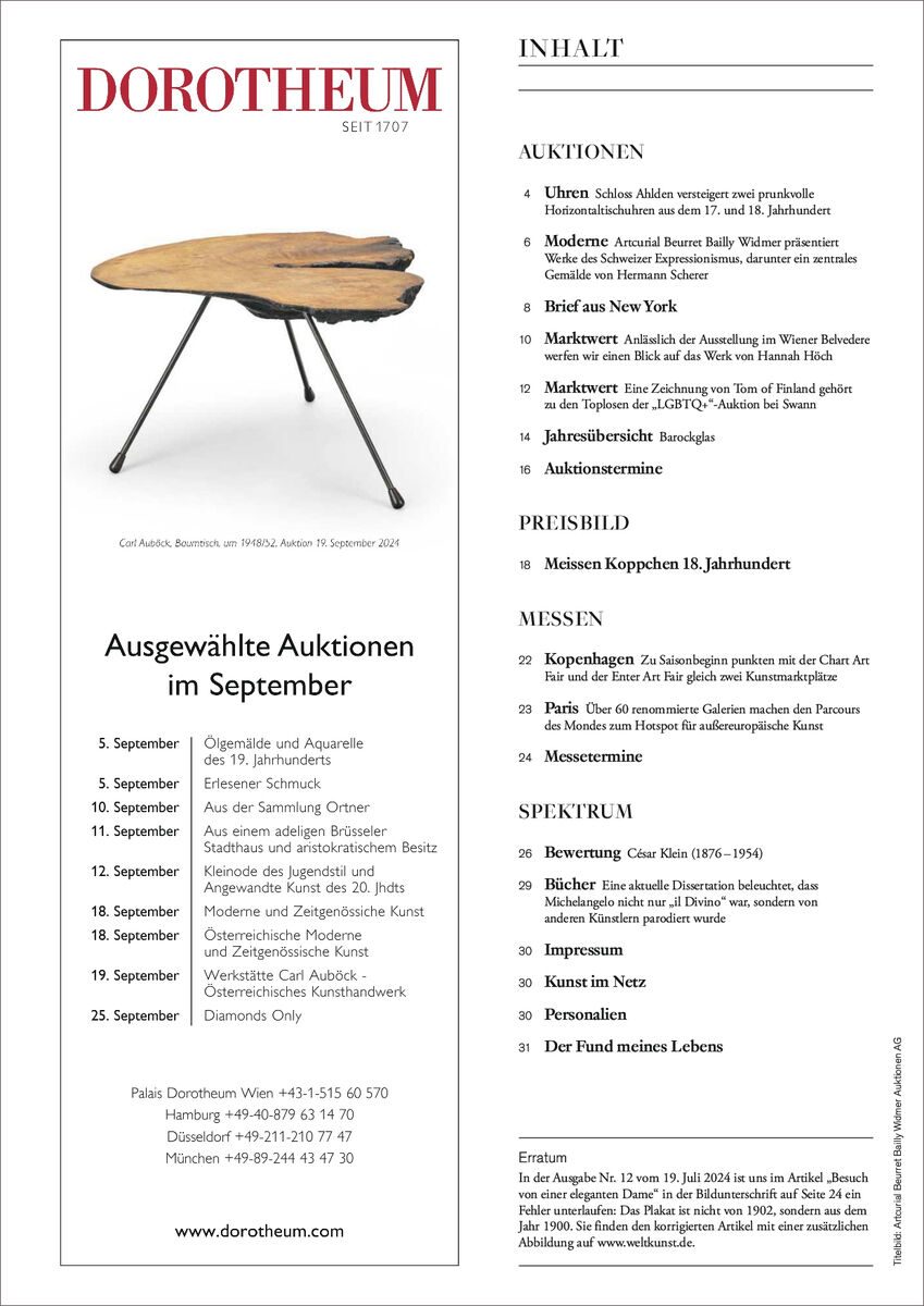 Werbematerial für Dorotheum Kunstauktionen im September. Das Poster enthält eine Liste von Auktionen, ein Bild eines kunstvollen Tischs und Unternehmensinformationen.