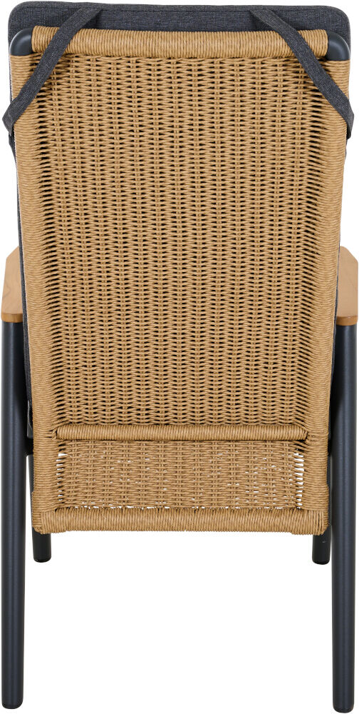 Rückansicht eines Sessel »Roma Dining Move« mit Rattan-Geflecht in braun und schwarzen Armlehnen, geeignet für Innen- und Außenbereiche.