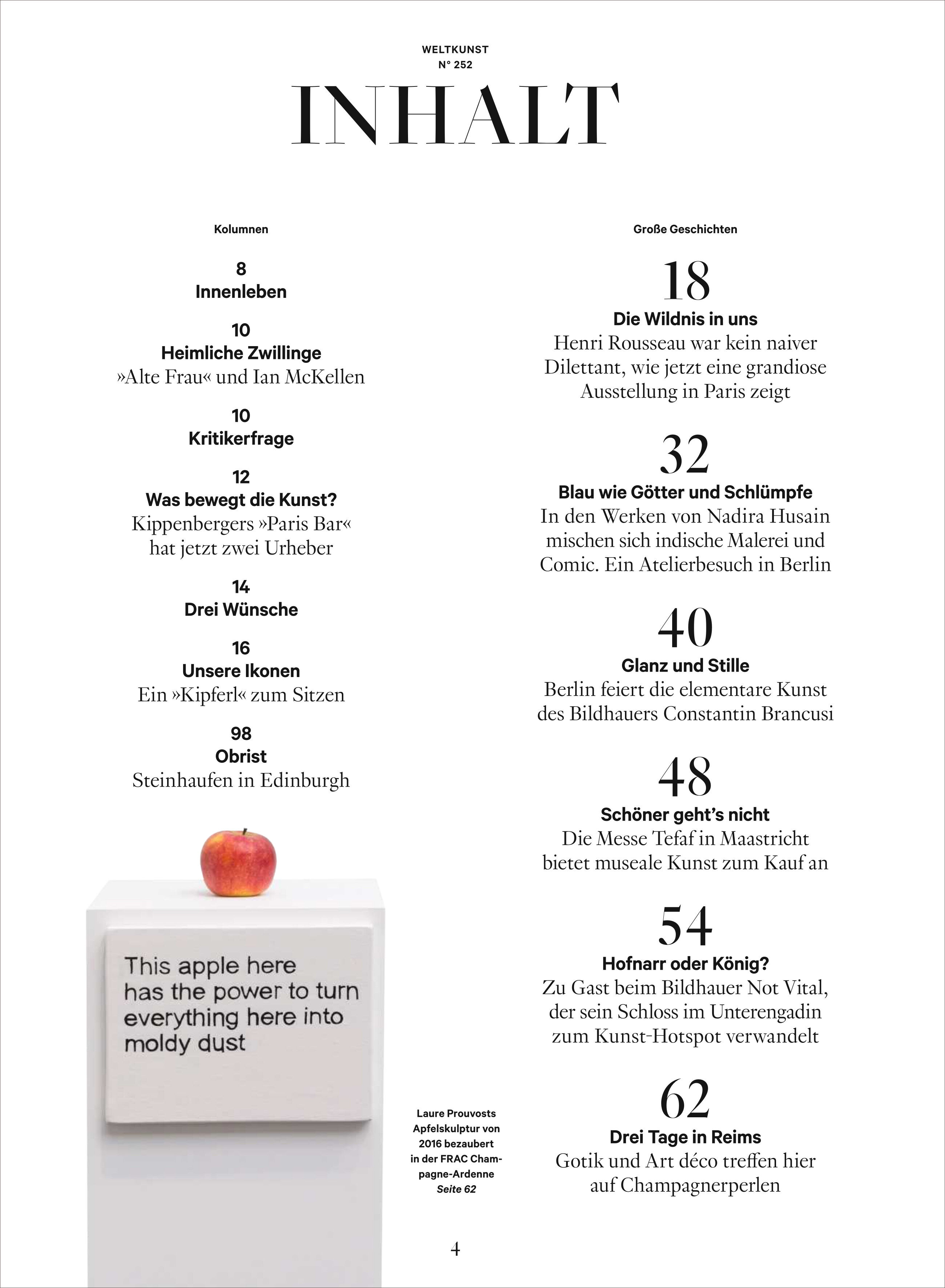 Detailreich gestaltetes Inhaltsverzeichnis der Zeitschrift WELTKUNST, Ausgabe 252/26. Die Seite ist weiß, der Text ist in Schwarz gehalten. Überschriften und Seitenzahlen stehen im Fokus, darunter große Themen wie Brancusi in Berlin, Atelierbesuch bei Nadira Husain und Kunstmesse Tefaf. Ein roter Apfel auf einem weißen Kasten mit englischem Text ist unten abgebildet.