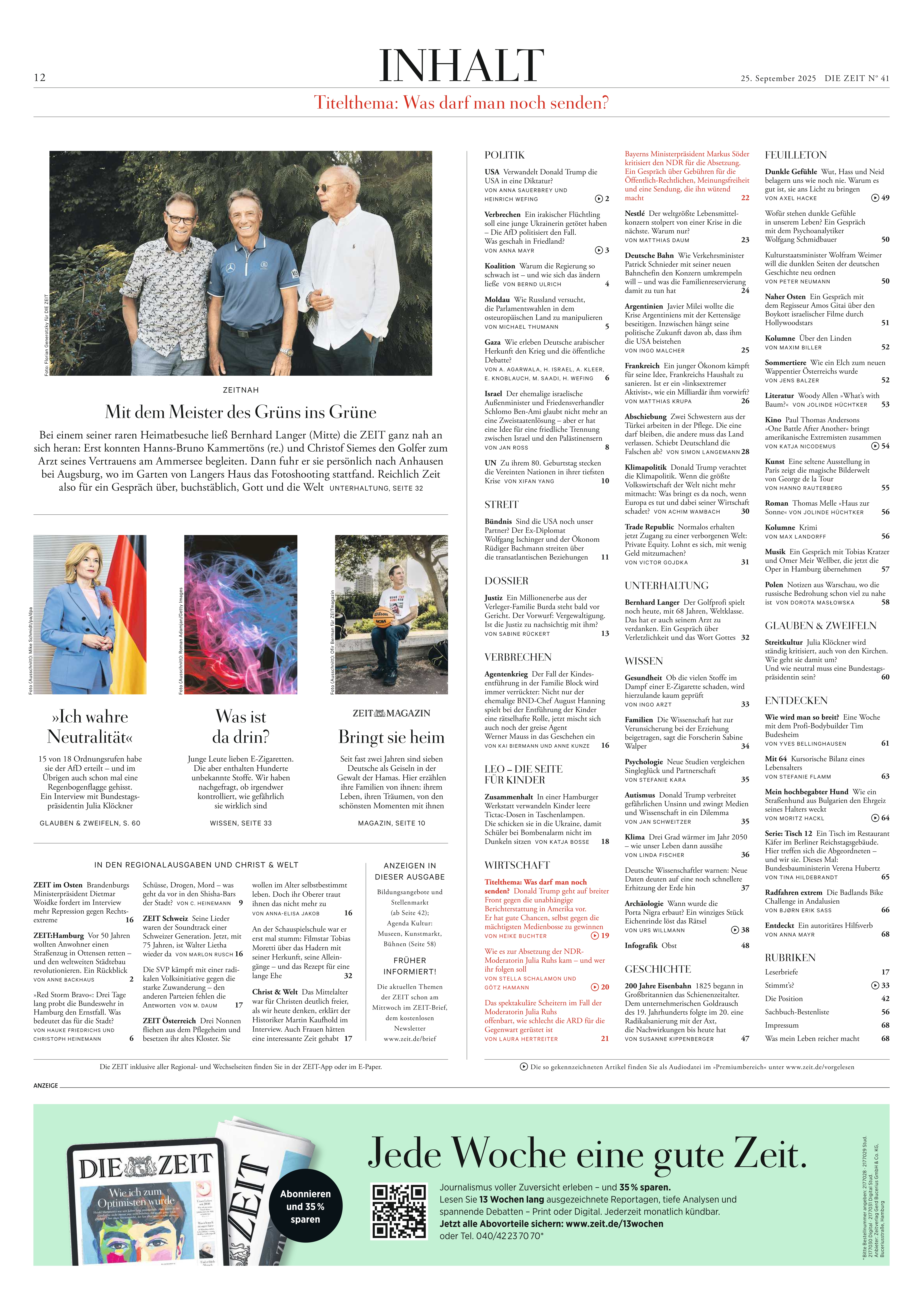 Titelseite der deutschen Wochenzeitung DIE ZEIT, Ausgabe 41/2025, mit Inhaltsverzeichnis, Bildern und unterschiedlichen Themen rund um Politik, Gesellschaft und Kultur in hellem Layout.