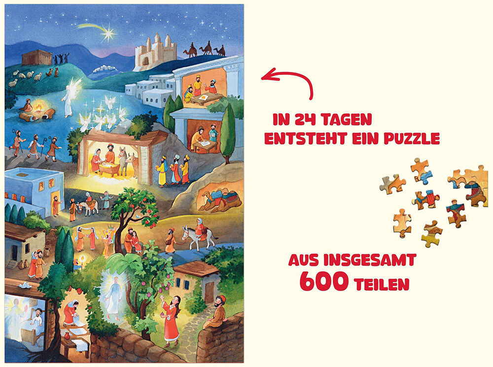 Buntes Bild mit einer weihnachtlichen Szene, die an die biblische Weihnachtsgeschichte erinnert; Häuser, Menschen, Engel, und ein Stern sind zu sehen. Rechts steht in Rot: "In 24 Tagen entsteht ein Puzzle aus insgesamt 600 Teilen" neben abgebildeten Puzzleteilen.