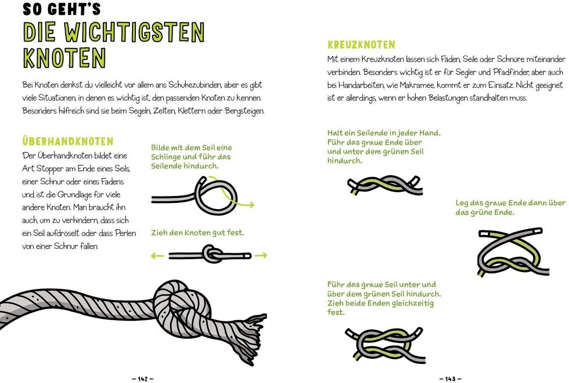 Eine Buchseite aus 'Alles, was Du in der Schule nicht lernst' von Catherine Newman. Die Seite zeigt Anleitungen zum Binden von Knoten mit Illustrationen und Texten in Grün und Schwarz auf weißem Hintergrund.