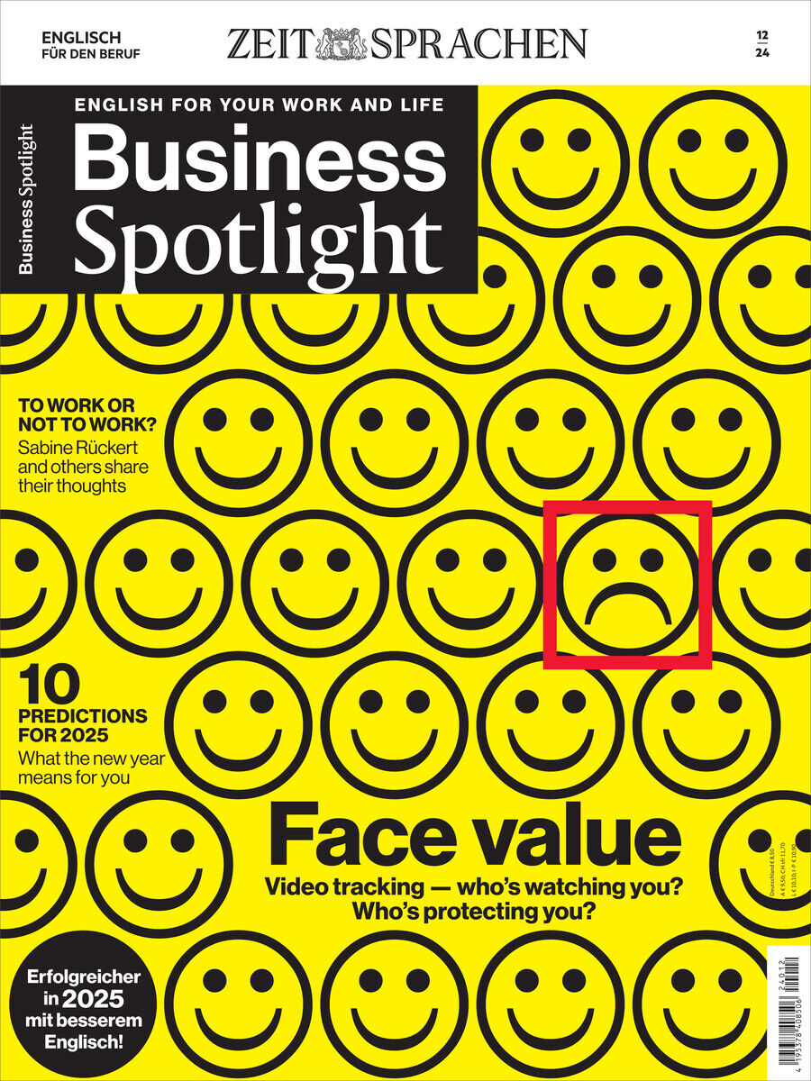 Eine Ausgabe des 'Business Spotlight Magazin' 14/2024 mit einem gelben Emoji-Design auf dem Cover, das verschiedene Gesichtsausdrücke zeigt, darunter einen hervorgehobenen traurigen Smiley. Das Magazin beleuchtet Themen wie Vorhersagen für 2025 und Gesichtserkennung im Berufsleben.