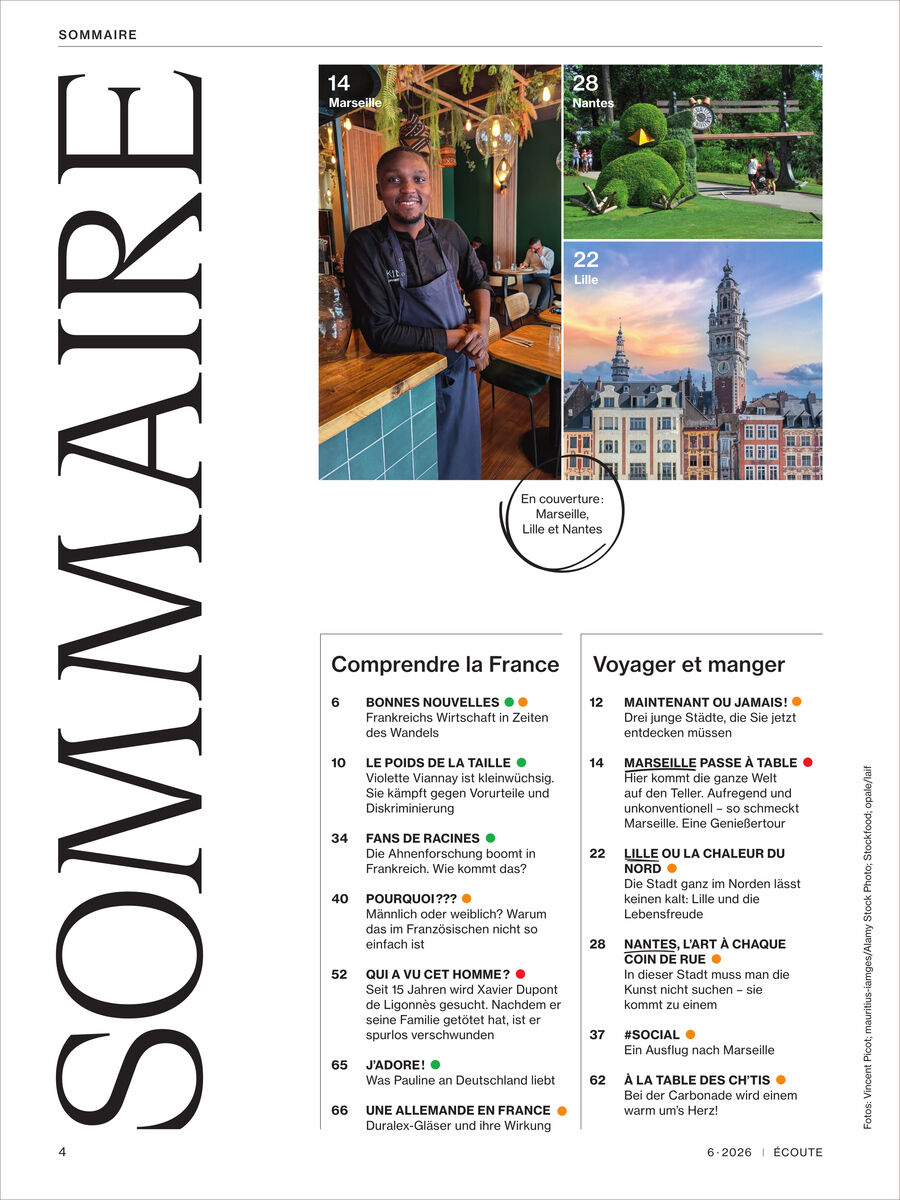 Inhaltsverzeichnis der Écoute Magazin Ausgabe 6/2026 mit Fotos aus Marseille, Nantes und Lille. Rechts oben Fotos von Sehenswürdigkeiten und Menschen, links vertikal der Schriftzug 'Sommaire'. Unten sind Themenschwerpunkte und Seitenzahlen übersichtlich aufgelistet.