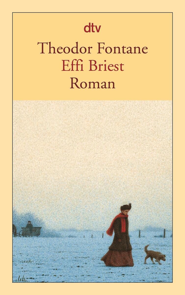 Buchcover von 'Effi Briest' von Theodor Fontane. Das Cover zeigt eine Frau in viktorianischer Kleidung, die mit einem kleinen Hund durch eine verschneite Landschaft spaziert. Im Hintergrund sieht man schemenhaft ein Pferd und einen Karren.