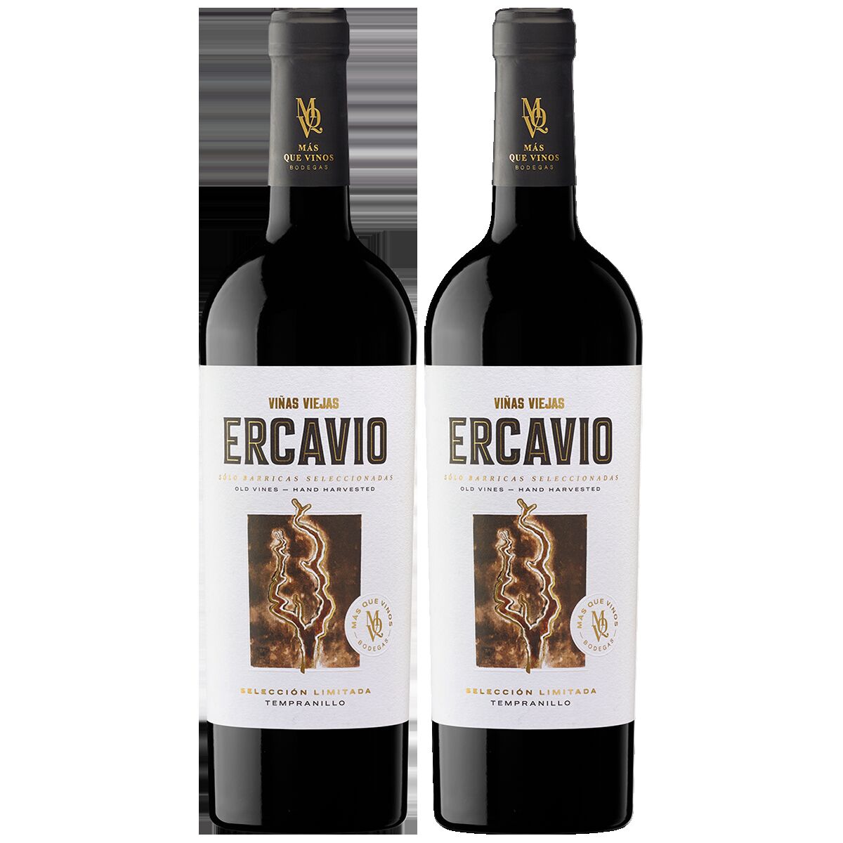 Zwei Flaschen spanischer Rotwein 'Ercavio Viñas Viejas' der Bodega Mas Que Vinos mit weiß-goldenem Etikett, nebeneinander stehend, auf weißem Hintergrund, ideal für Weinliebhaber und festliche Anlässe.