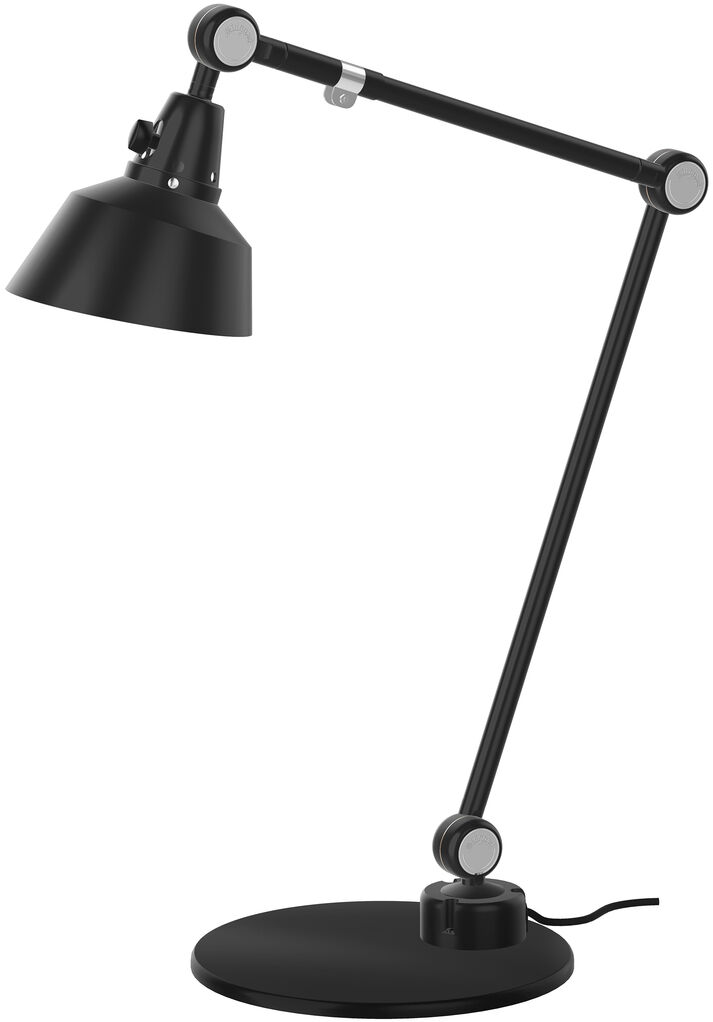 Schwarze, moderne Tischleuchte »TYP551 Modular« mit verstellbarem Arm und rundem Sockel aus Metall.