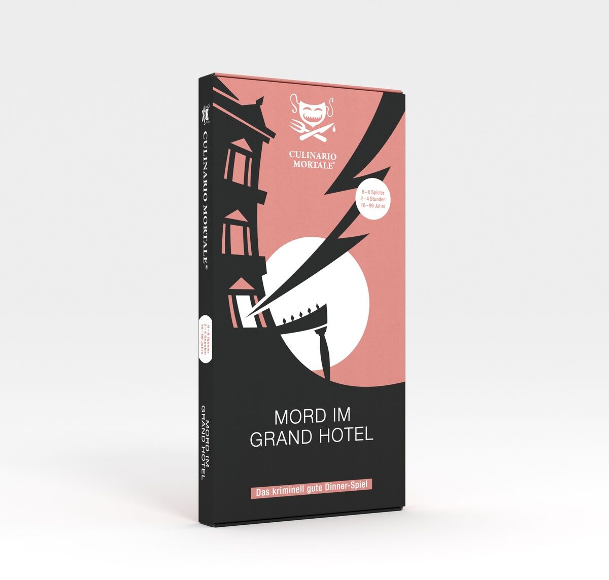 Krimi-Dinner Spiel »Mord im Grand Hotel« von Culinario Mortale mit einem stilisierten Hotel, Messer und Vollmond auf dem Cover in den Farben Schwarz, Weiß und Rosa