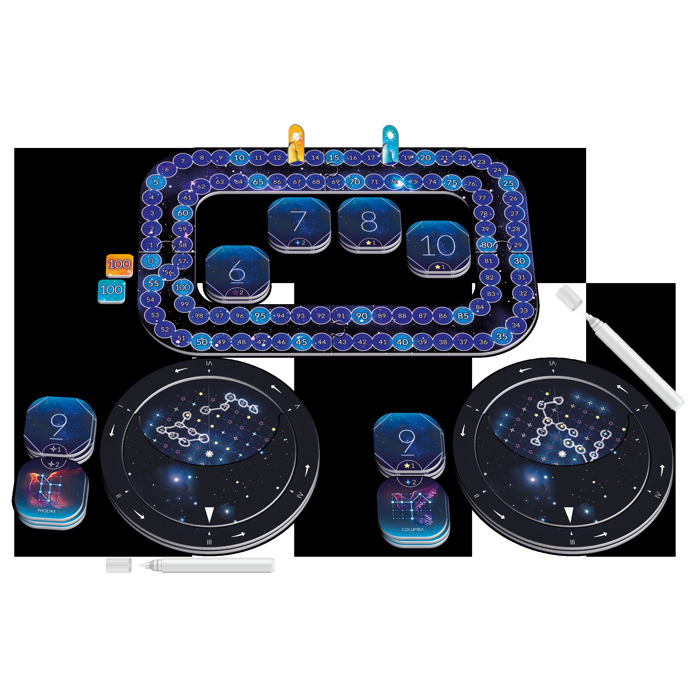 Foto des Brettspiels »Star Explorer« mit einem Spielbrett, auf dem ein leuchtendes Sternbild-Design zu sehen ist. Verschiedene Karten, Marker und zwei Filzstifte liegen um das Hauptbrett. Das Thema des Spiels dreht sich um die Erkundung und das Verbinden von Sternbildern im Weltall.