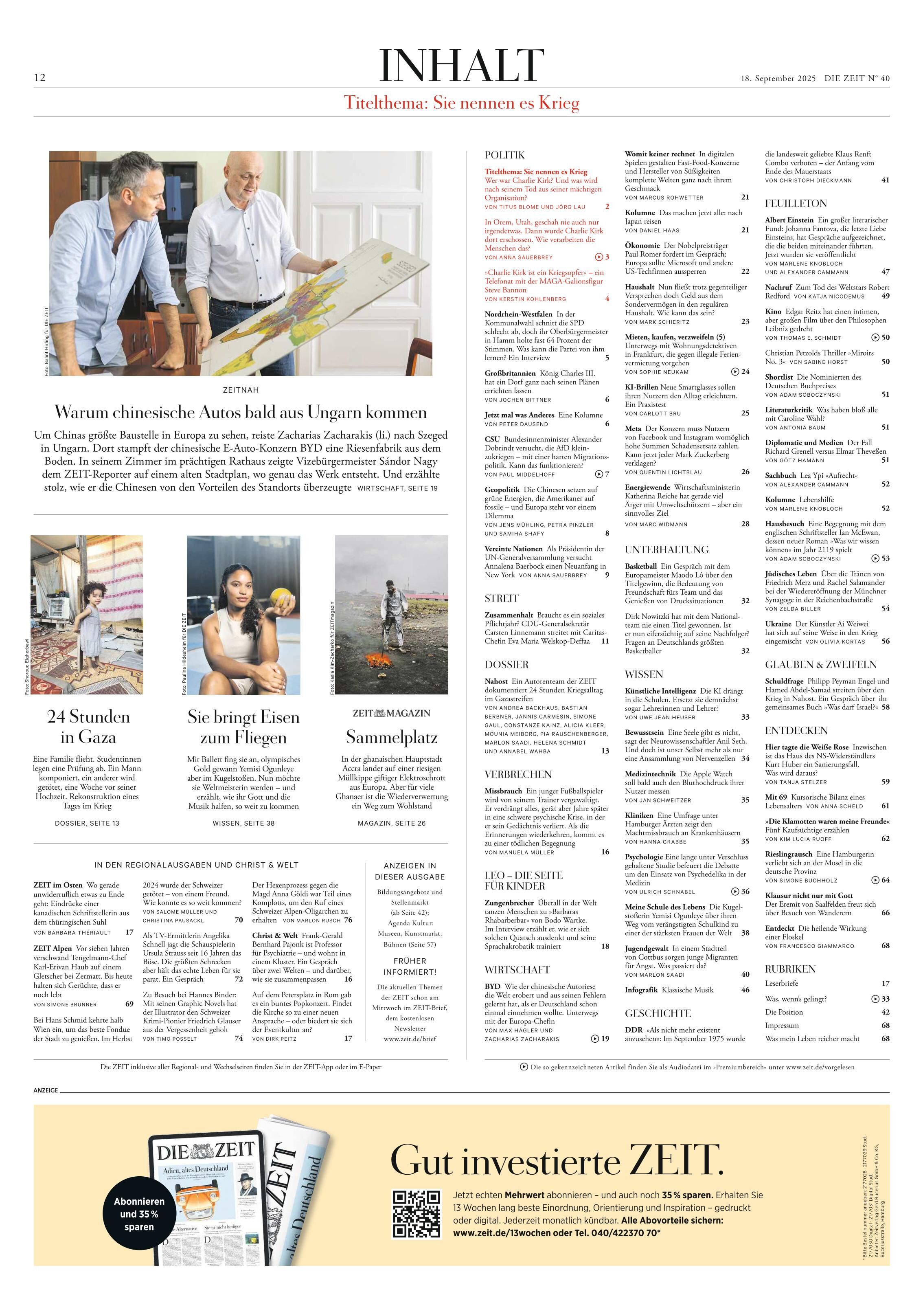Titelseite der Wochenzeitung DIE ZEIT mit Übersicht der wichtigsten Themen, mehreren Fotos von Menschen im Gespräch und Artikeln zu Politik, Wirtschaft und Gesellschaft. Die Gestaltung ist modern und übersichtlich, der Hintergrund ist überwiegend weiß mit dezenten Farbakzenten.
