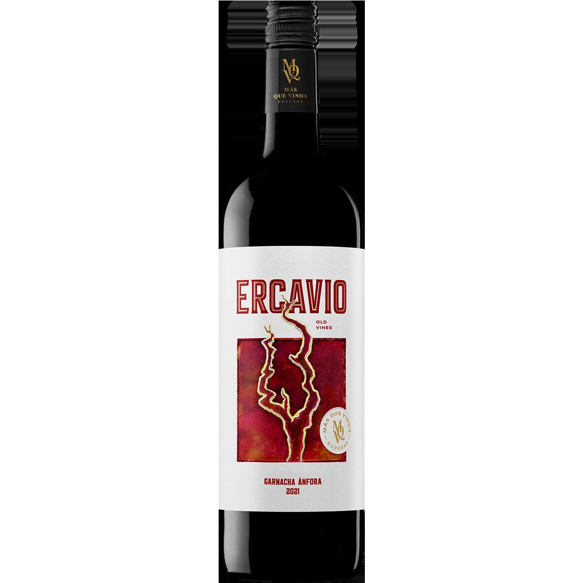 Eine Flasche Rotwein des spanischen Weinguts Mas Que Vinos mit dem Namen Ercavio Garnacha 2021. Die Flasche besitzt ein weißes Etikett mit roter und goldener Schrift und einem abstrahierten Linienbild auf bordeauxrotem Hintergrund. Die Weinflasche steht aufrecht vor weißem Hintergrund.
