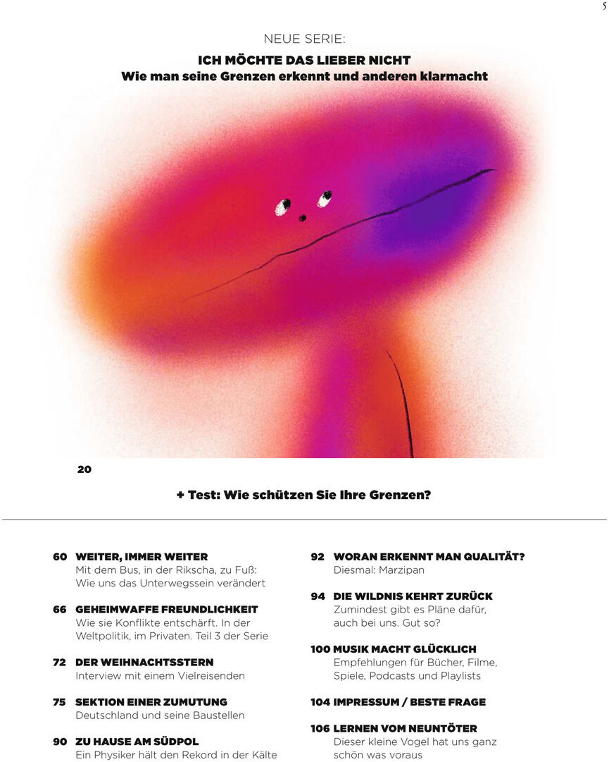 Ein Cover von ZEIT WISSEN 1/25 zeigt eine abstrakte bunte Grafik auf weißem Hintergrund. Oben steht der Titel einer neuen Serie über das Erkennen von Grenzen. Unten werden Artikelthemen aufgelistet, darunter Psychologie und Naturwissenschaften.