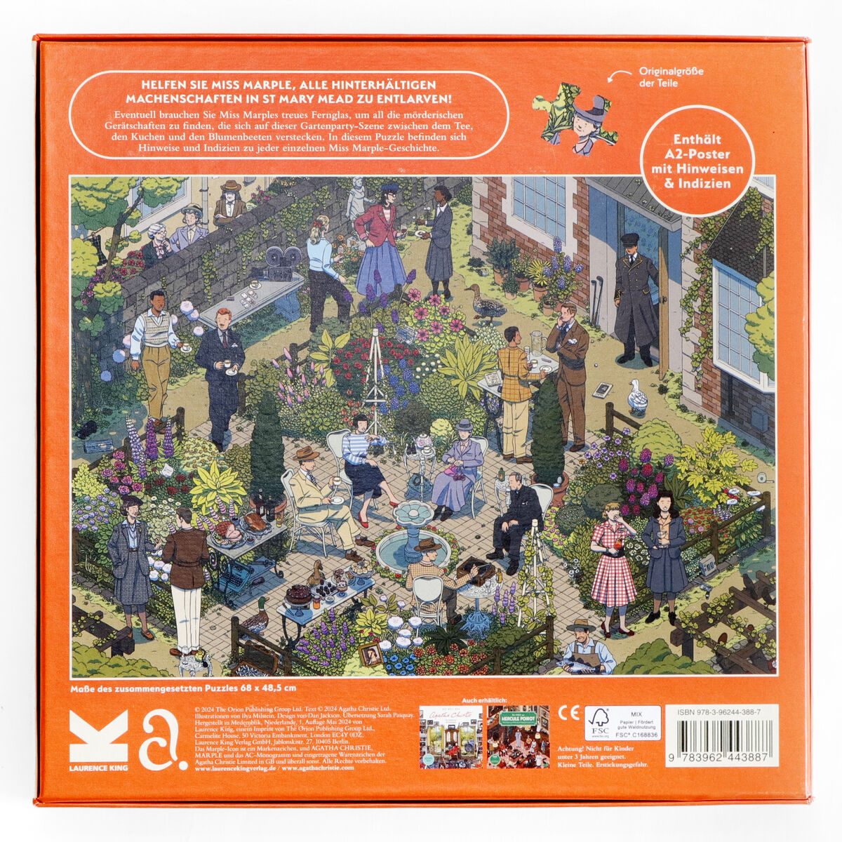 Die Verpackung des Puzzles 'Die Welt von Miss Marple' zeigt eine detaillierte Illustration, die eine Szene in einem Garten mit mehreren Personen darstellt. Das Bild ist von einem orangefarbenen Rahmen umgeben und enthält Textinformationen zum Produkt.