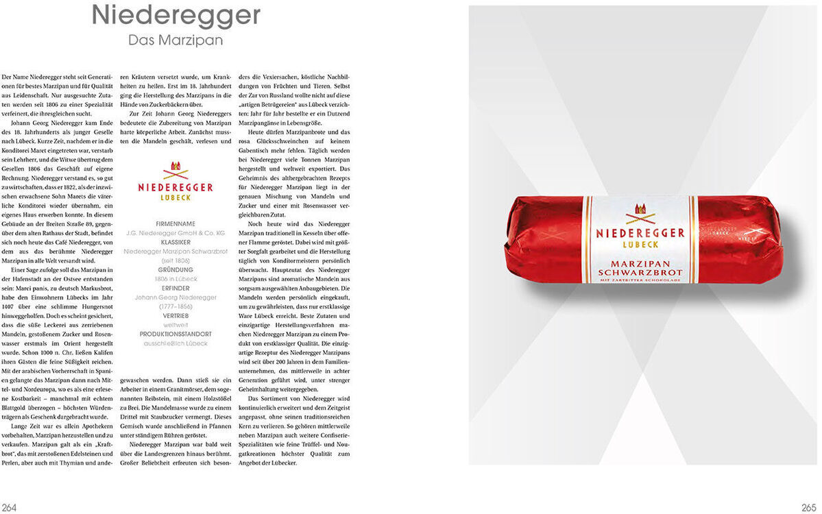 Bild des Buches 'Deutsche Standards – Marken des Jahrhunderts 2019' mit einem Kapitel über Niederegger Marzipan. Der Text ist auf der linken Seite zu sehen, rechts befindet sich ein Bild eines in roter Folie verpackten Marzipanbrotes.