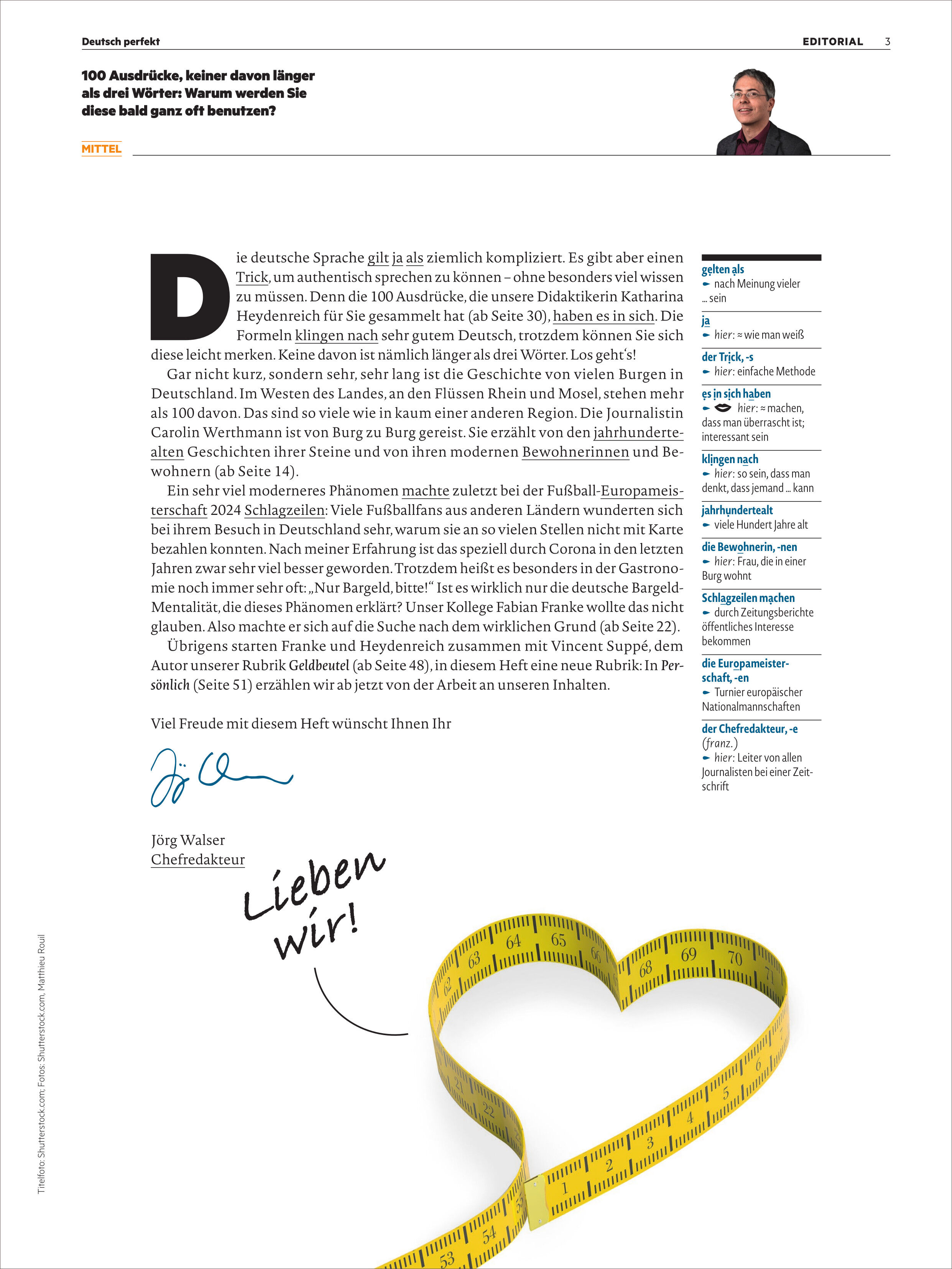 Titelbild des Magazins 'Deutsch perfekt 6/2025' mit einer Illustration eines gelben Maßbands in Herzform und textlichen Inhalten über die deutsche Sprache.