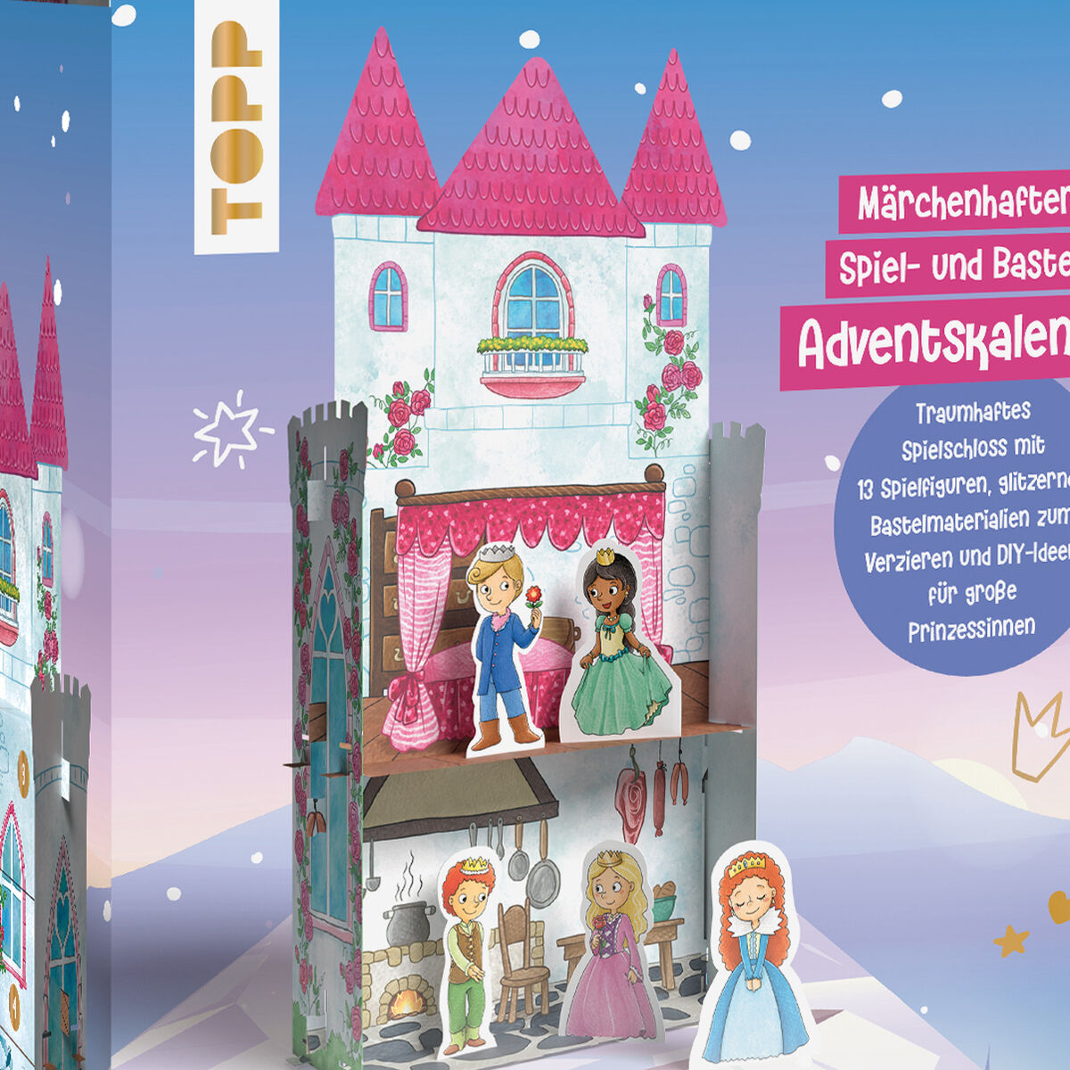 Der Adventskalender „Mein traumhaftes Prinzessinnen-Schloss“ von TOPP zeigt ein dekoratives Schloss mit rosa Türmen, verziert mit Fenstern, Blumen und Figuren. Die Verpackung ist farbenfroh und märchenhaft gestaltet, ideal für Kinder in der Vorweihnachtszeit.