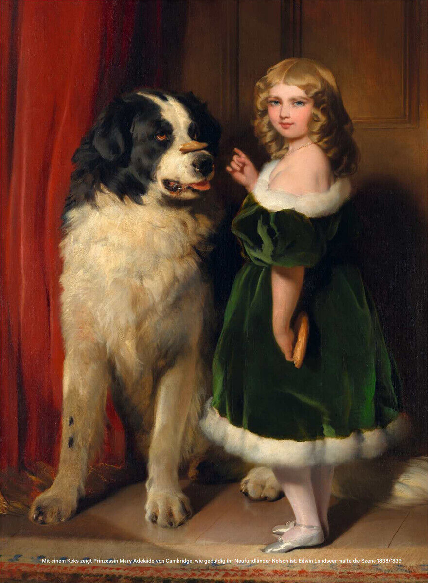 Ein klassisches Ölgemälde zeigt ein Mädchen in einem grünen Kleid mit weißen Pelzbesätzen, das neben einem großen, sitzenden Hund steht. Der Hintergrund ist mit einem roten Vorhang und einer hölzernen Paneele gestaltet.