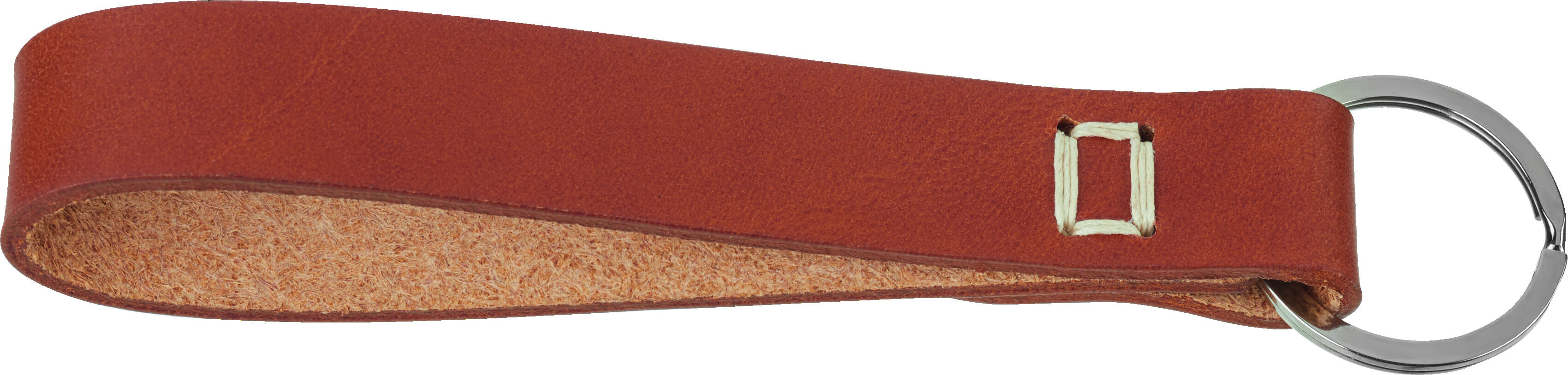 Ein roter Leder-Schlüsselanhänger mit einem Schlüsselring aus Metall und einem kleinen, silbernen Beschlag. Der Anhänger ist Teil der ZEIT-Kollektion und hat ein minimalistisches Design.