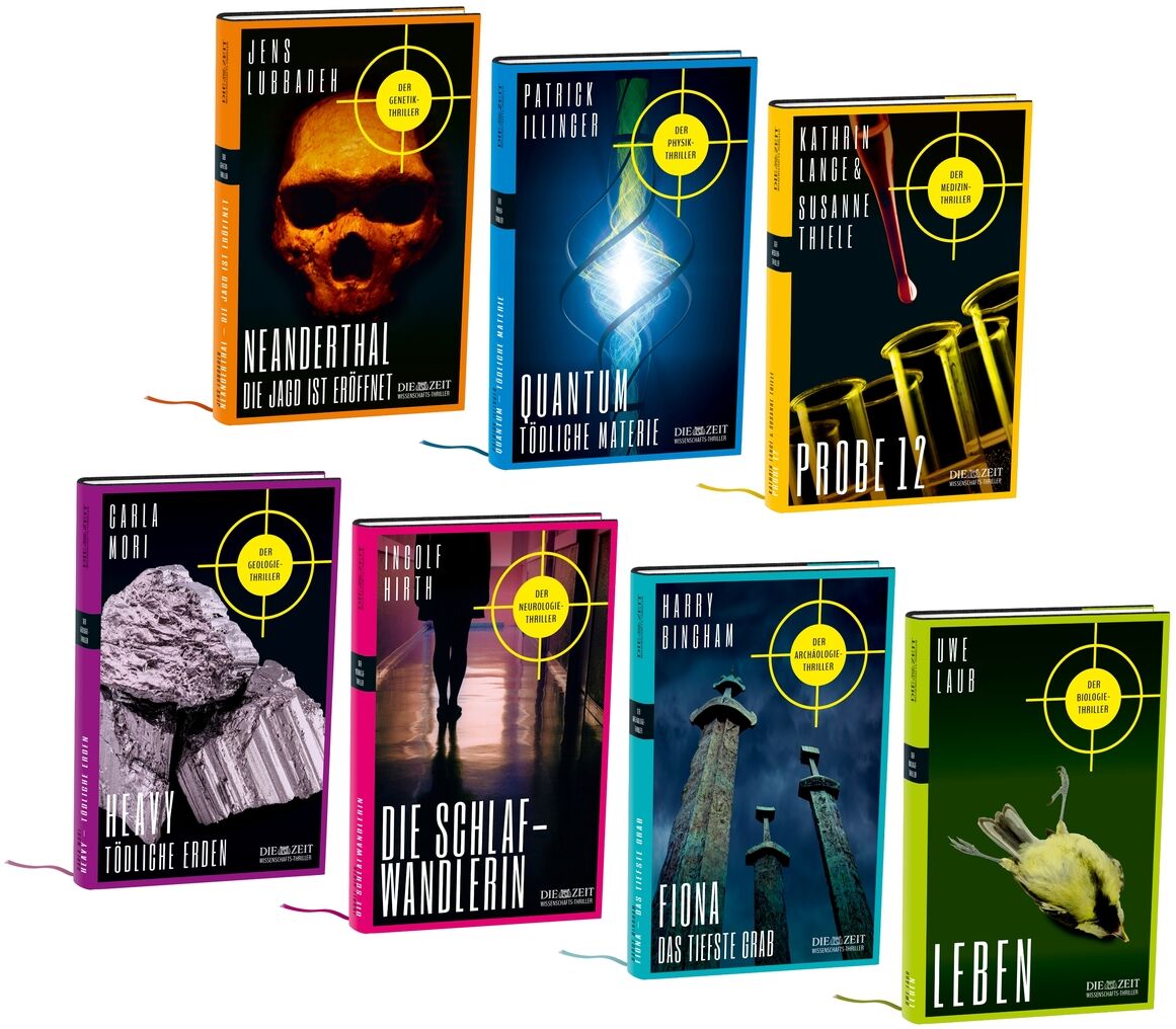 Eine Buchreihe der ZEIT-Edition mit dem Titel ‚Wissenschafts-Thriller‘, bestehend aus sieben farbenfrohen Büchern mit verschiedenen Titeln und Autoren, die aufrecht nebeneinander stehen. Jedes Buch hat einen markanten gelben Zielkreis auf dem Cover.
