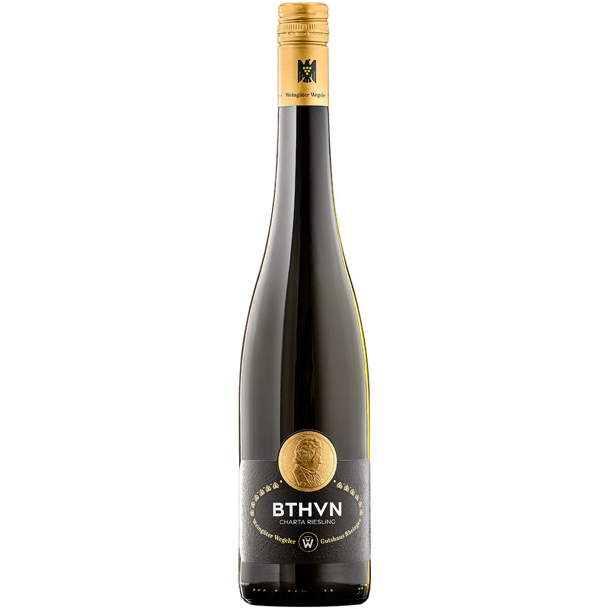 Eine stilvolle Weinflasche der ZEIT-Weinedition BTHVN mit goldener Prägung und Etikett; die Flasche ist schlank, elegant und zeigt ein klassisches, hochwertiges Design, geeignet als Geschenk oder für festliche Anlässe.