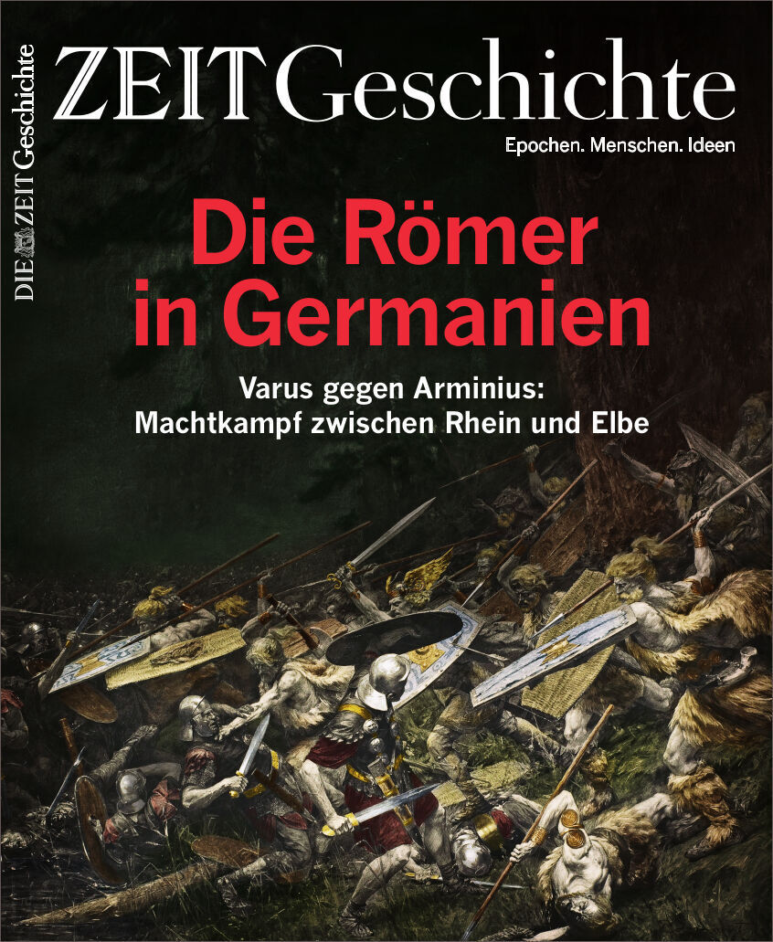Das Cover der Zeitschrift ZEIT GESCHICHTE 1/21 trägt den Titel 'Die Römer in Germanien'. Das Bild zeigt eine historische Schlacht zwischen Römern und Germanen, mit intensivem Kampf und Waffen inmitten eines waldigen Hintergrunds.
