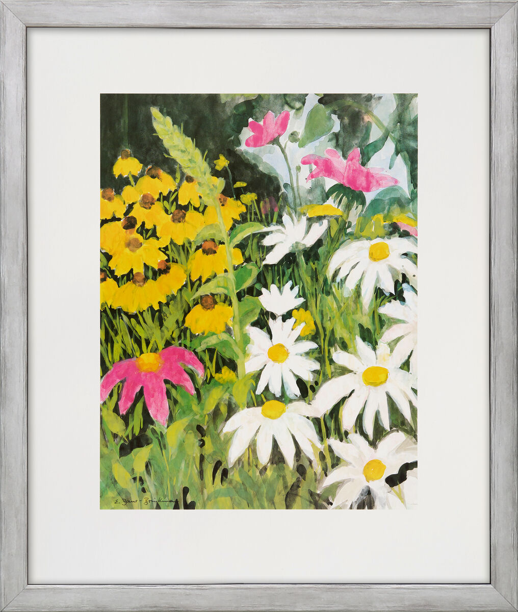 Ein gerahmtes Bild des Künstlers Eleonore Baur-Brinkman mit dem Titel 'Nolde Garten III', das bunte Blumen und Pflanzen in einem Garten zeigt, darunter weiße Margeriten, gelbe und rosa Blüten vor einem grünen Hintergrund.