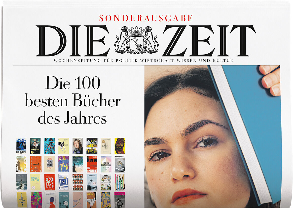 Cover der Zeitung 'DIE ZEIT 51/2024 (Sonderausgabe)' mit dem Titel 'Die 100 besten Bücher des Jahres', illustriert mit einem Frauenporträt und mehreren Buchcovern im unteren Bereich.