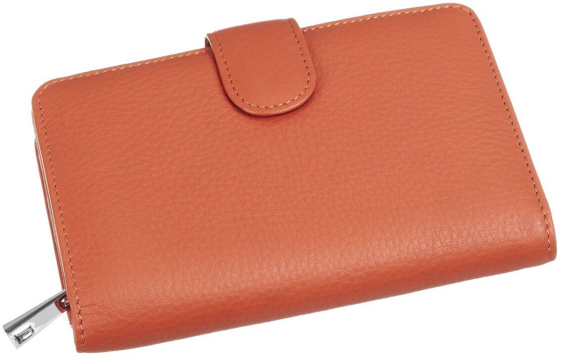 Eine orangefarbene Geldbörse aus Leder mit Druckknopfverschluss und einem seitlichen Reißverschluss.