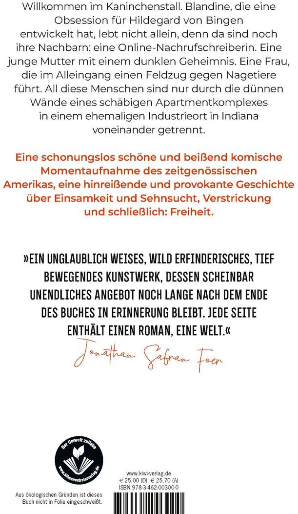 Buchcover des Romans 'Der Kaninchenstall' von Tess Gunty mit einer weißen Hintergrundfarbe. Der Titel ist in großen schwarzen Buchstaben oben auf dem Cover. Darunter ist ein kurzer Text in schwarzen und roten Buchstaben. Unten befindet sich das Logo des Verlags und eine ISBN-Nummer.