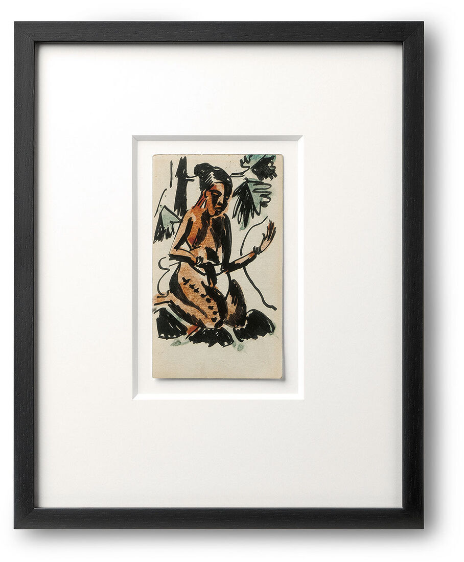 Ein gerahmtes Kunstwerk von Max Pechstein, betitelt »Drei Miniatur-Kunstwerke« und datiert auf 1910-1915. Es zeigt ein expressionistisches Porträt einer Frau in dominanten Farben wie Schwarz, Rot und Grün.
