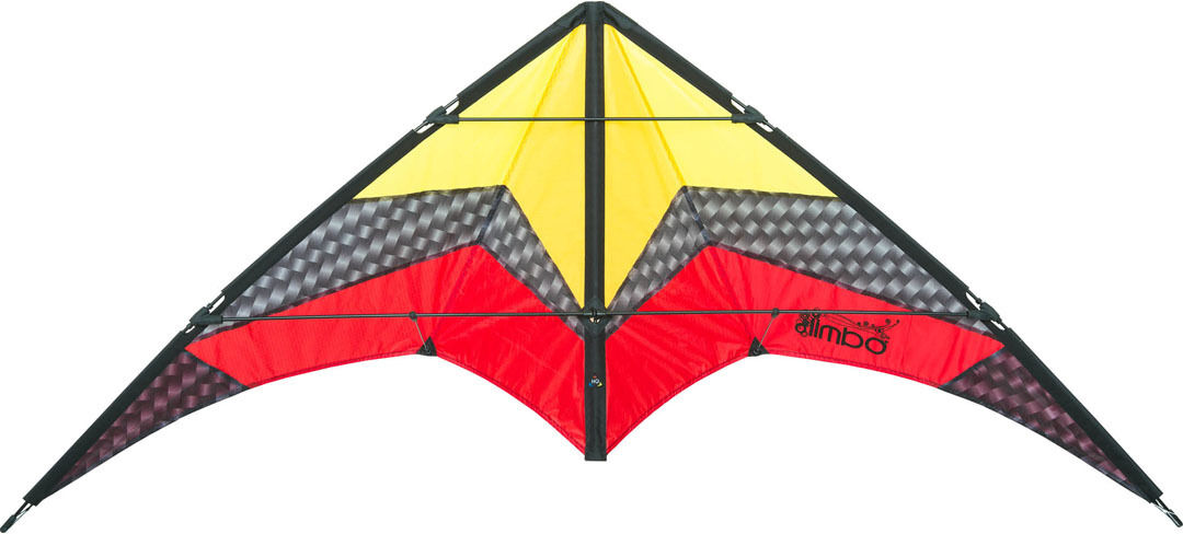 Ein bunter Kinder-Lenkdrachen mit dem Namen »Limbo II Lava«. Der Drachen hat eine auffällige Farbgebung in Gelb, Rot, Schwarz und Grau. Er ist dreieckig geformt und zeigt ein robustes, hochwertiges Design.