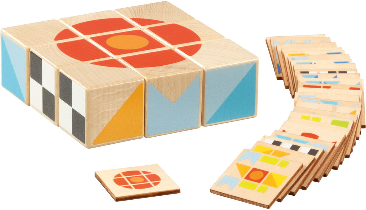 Ein Holzlegespiel mit bunten Klötzen in verschiedenen Mustern und Farben. Eignet sich hervorragend für Kinder zur Förderung der Kreativität und Motorik.