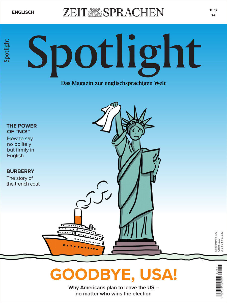 Cover des „Spotlight“ Magazins Ausgabe 11/2024 mit der Freiheitsstatue und einer vorbeifahrenden Fähre auf blauem Hintergrund. Der Haupttitel lautet ‚GOODBYE, USA!‘ mit weiteren Artikeln über Höflichkeit und Burberry.