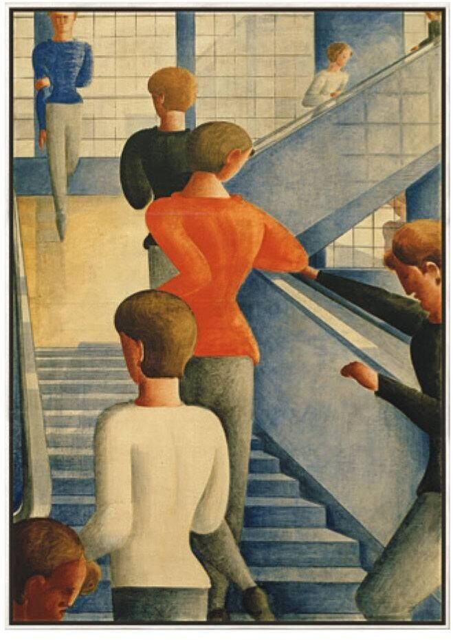 Das Gemälde 'Bauhaustreppe' von Oskar Schlemmer aus dem Jahr 1932 zeigt mehrere stilisierte Figuren, die eine Treppe hinauf- und hinuntergehen. Die Komposition ist geprägt von klaren geometrischen Formen und kräftigen Farben wie Blau, Orange, Weiß, Schwarz, Beige und Grau. Die Figuren sind in klassischem, abstraktem Bauhausstil gehalten, was die Verbindung von Kunst und Architektur betont.