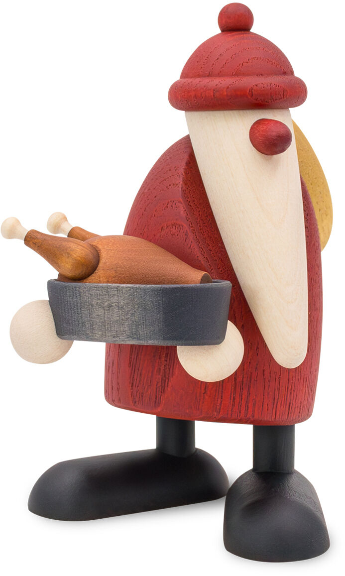 Handgefertigte Holzfigur von Björn Köhler, Weihnachtsmann mit langem weißem Bart, roter Mütze und Mantel. In der rechten Hand hält er eine graue Schale mit braunem Gänsebraten. Die Figur steht auf schwarzen Schuhen, freundlich und schlicht gestaltet.