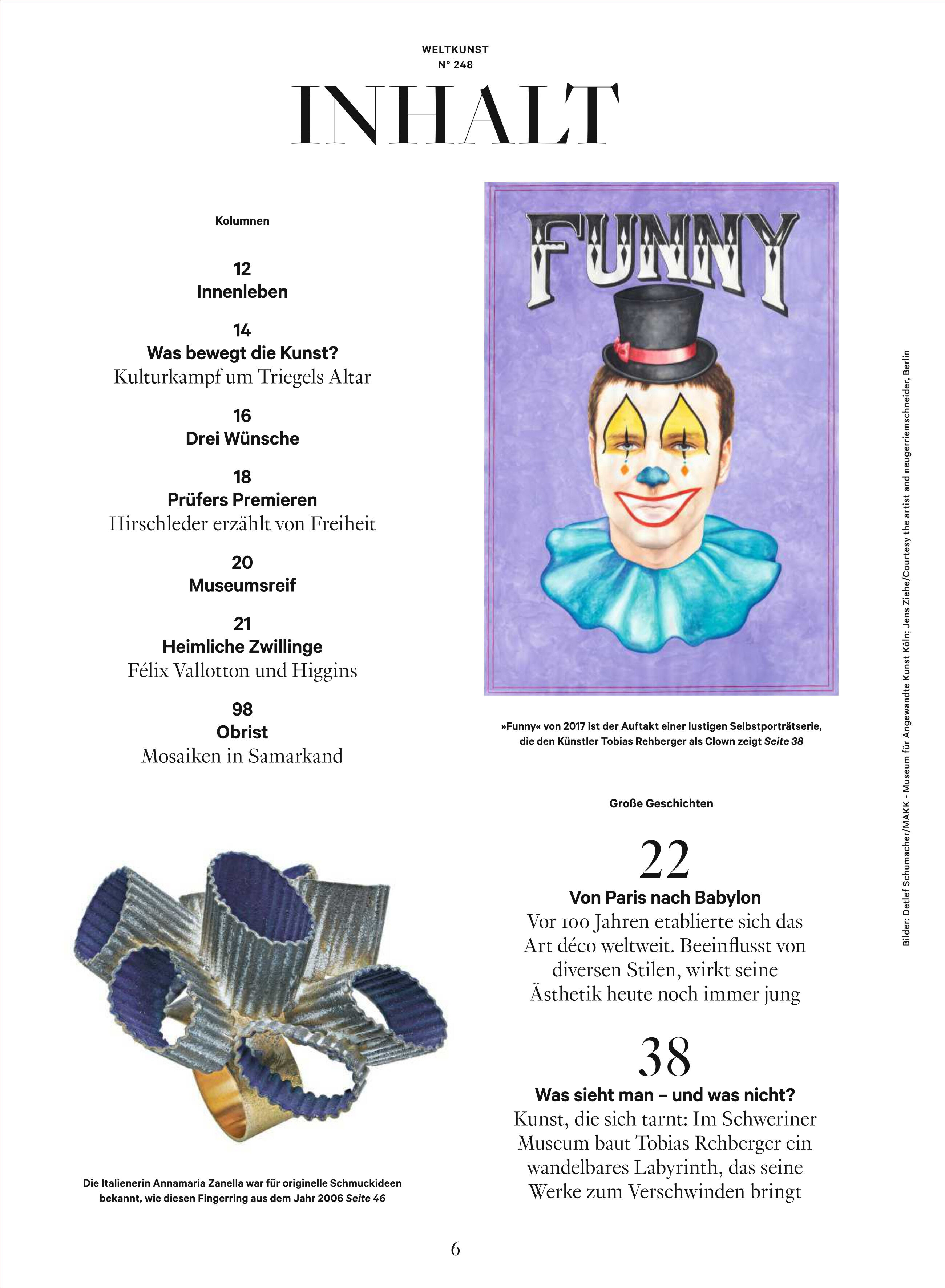 Titelseite eines deutschen Kunstmagazins mit dem Porträt eines Clowns, gezeichnet in kräftigen Farben. Der Clown trägt einen schwarzen Hut, eine blaue Rüschenkragen und zeigt ein breites Lächeln. Über dem Clown steht das Wort 'Funny' in auffälligen Lettern. Auf der Seite sind ein Inhaltsverzeichnis und weitere kleine Abbildungen sowie Textabschnitte zu Kunst und Kultur zu sehen.