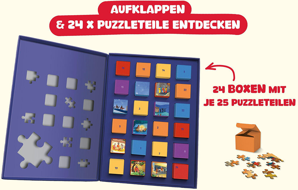 Das Bild zeigt den geöffneten Puzzle-Adventskalender 'Mein großer Puzzle-Adventskalender – Die Weihnachtsgeschichte' von ZEIT Buchhandlung. Zu sehen sind 24 bunte Boxen mit je 25 Puzzleteilen, eine große blaue Mappe und einige zusammengelegte Puzzleteile.