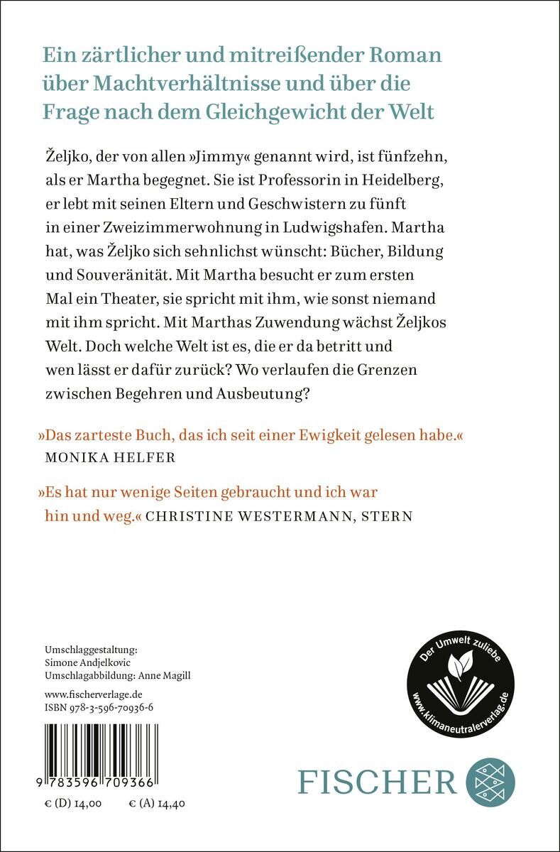 Das Bild zeigt das Buchcover von 'Kordic, M: Jahre mit Martha' vom Fischer Verlag. Der Hintergrund ist größtenteils weiß. Oben stehen eine Rezension und eine kurze Beschreibung des Inhalts sowie des autors, während unten der Verlag, ISBN-Nummer, Preis und ein Logo platziert sind.