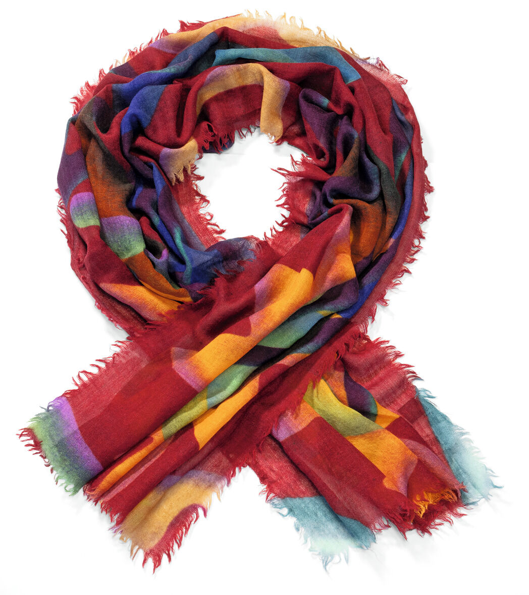 Der Merinoschal »Dalia« ist auf dem Bild sorgfältig drapiert, besteht aus weicher Wolle mit feiner, glatter Struktur. Das Design zeigt fließende, elegante Übergänge zwischen Cremeweiß, Beige, Pastellrosa und hellerem Grau. Der Schal wirkt hochwertig, leicht glänzend und anschmiegsam.