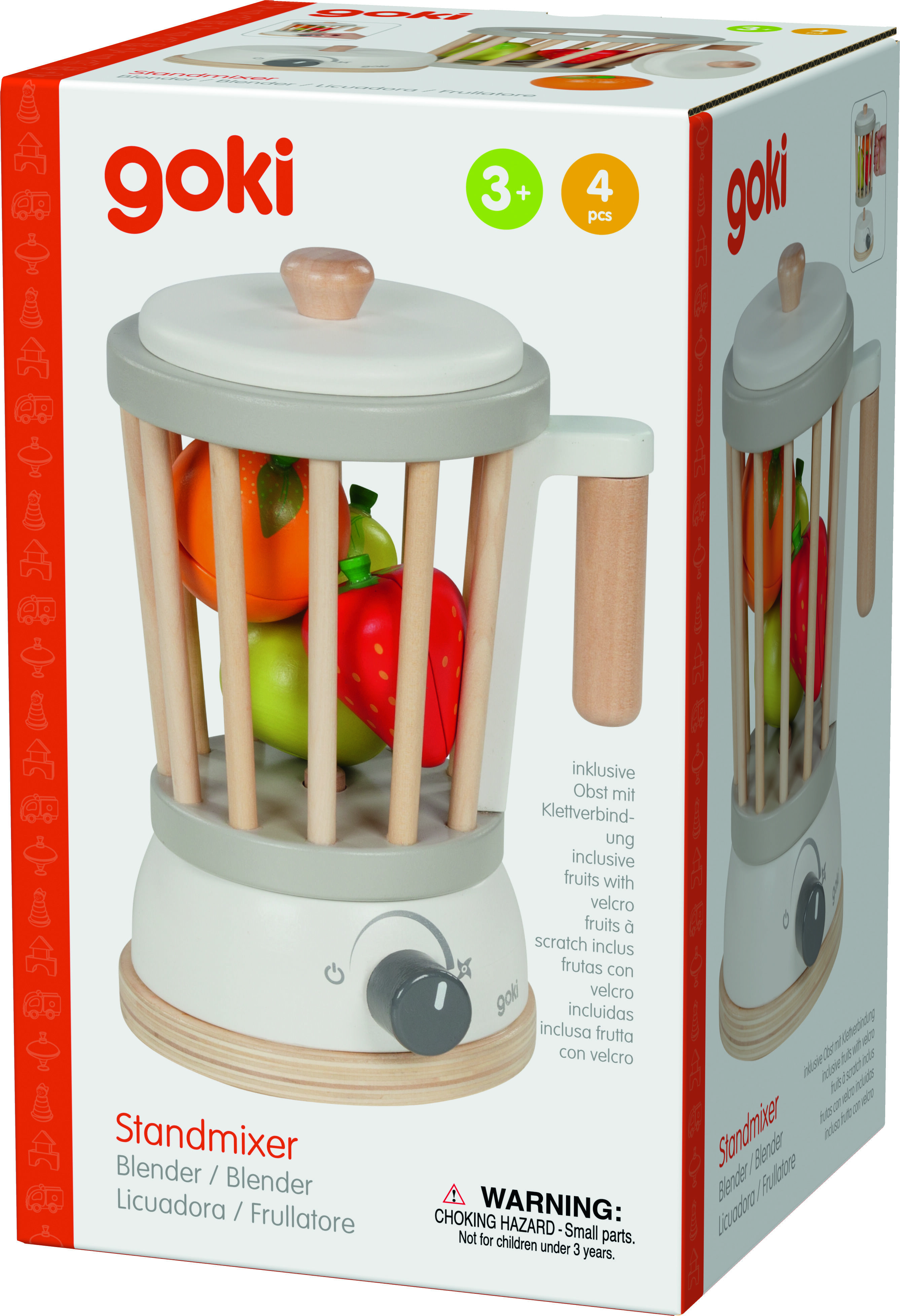 Verpackung eines Holz-Standmixers für Kinder von der Marke goki. Das Set enthält einen Mixer aus Holz mit abnehmbarem Deckel, drehbarem Knopf und Holzobst zum Spielen. Die Packung ist farbig gestaltet und zeigt den Inhalt deutlich. Geeignet für Kinder ab 3 Jahren.
