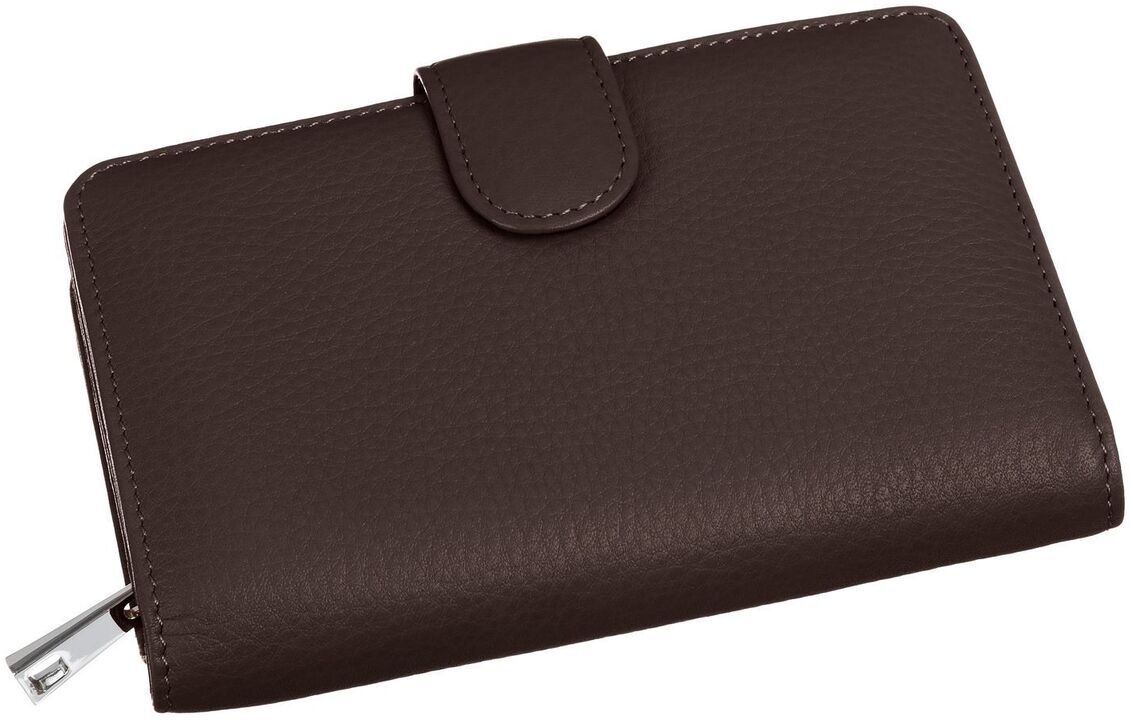 Braune Geldbörse mit Druckknopfverschluss und Reißverschluss aus Leder.