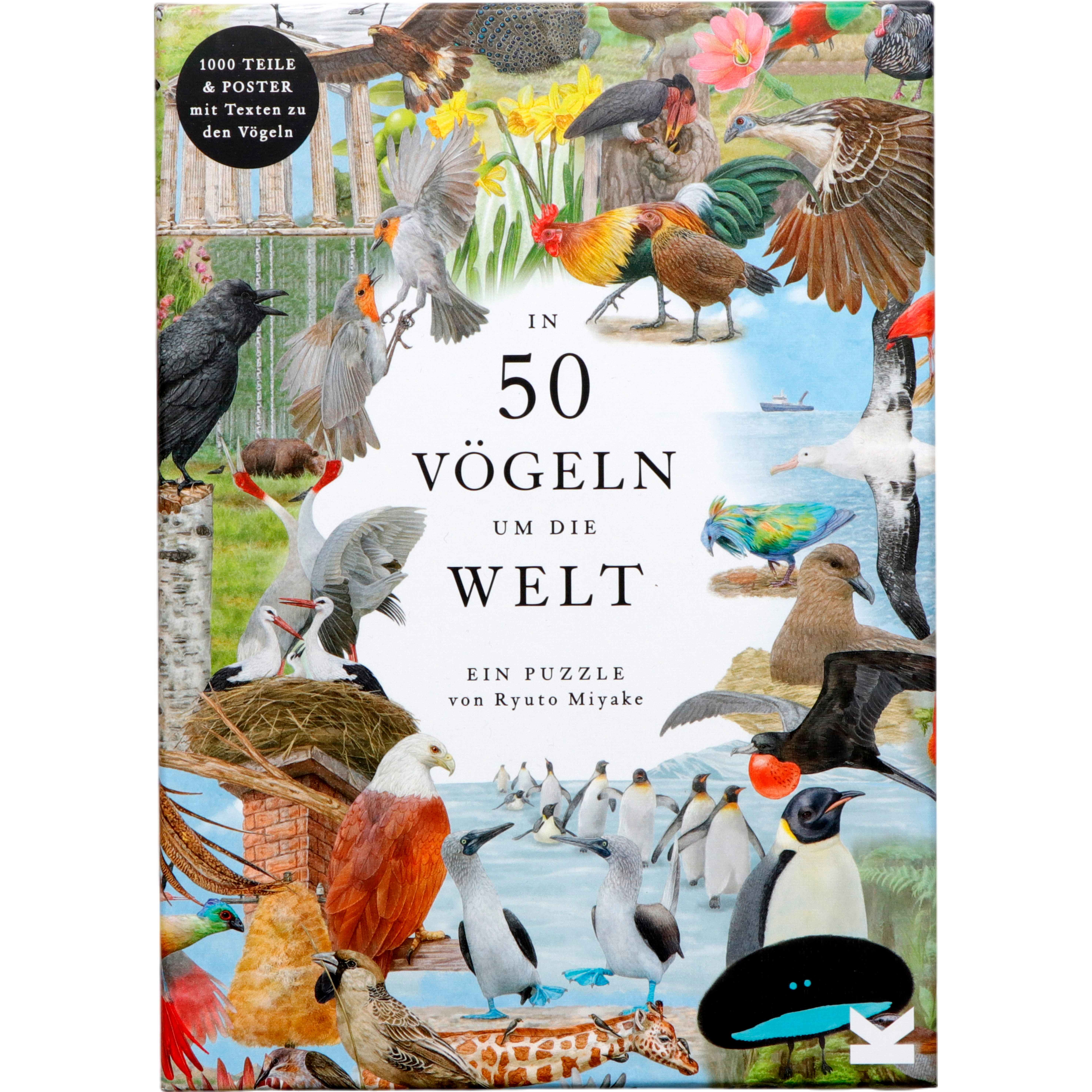 Ein Puzzle mit dem Titel 'In 50 Vögeln um die Welt', das 1000 Teile umfasst. Das Cover zeigt eine reichhaltige Illustration von verschiedenen Vogelarten vor landschaftlichen Hintergründen. Designed von Ryuto Miyake.