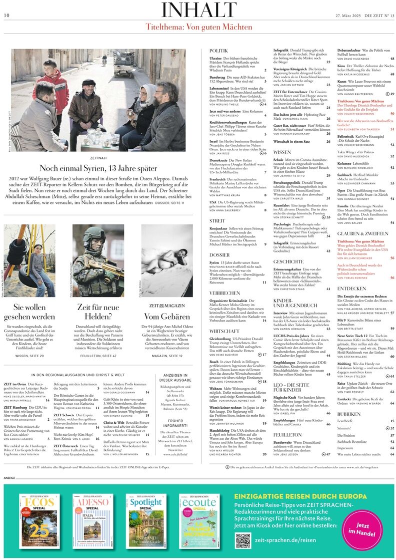 Inhaltsverzeichnis der Zeitung DIE ZEIT 13/2025 mit verschiedenen Artikeln und Bildern, darunter Themen wie Politik, Kultur und Wissenschaft.