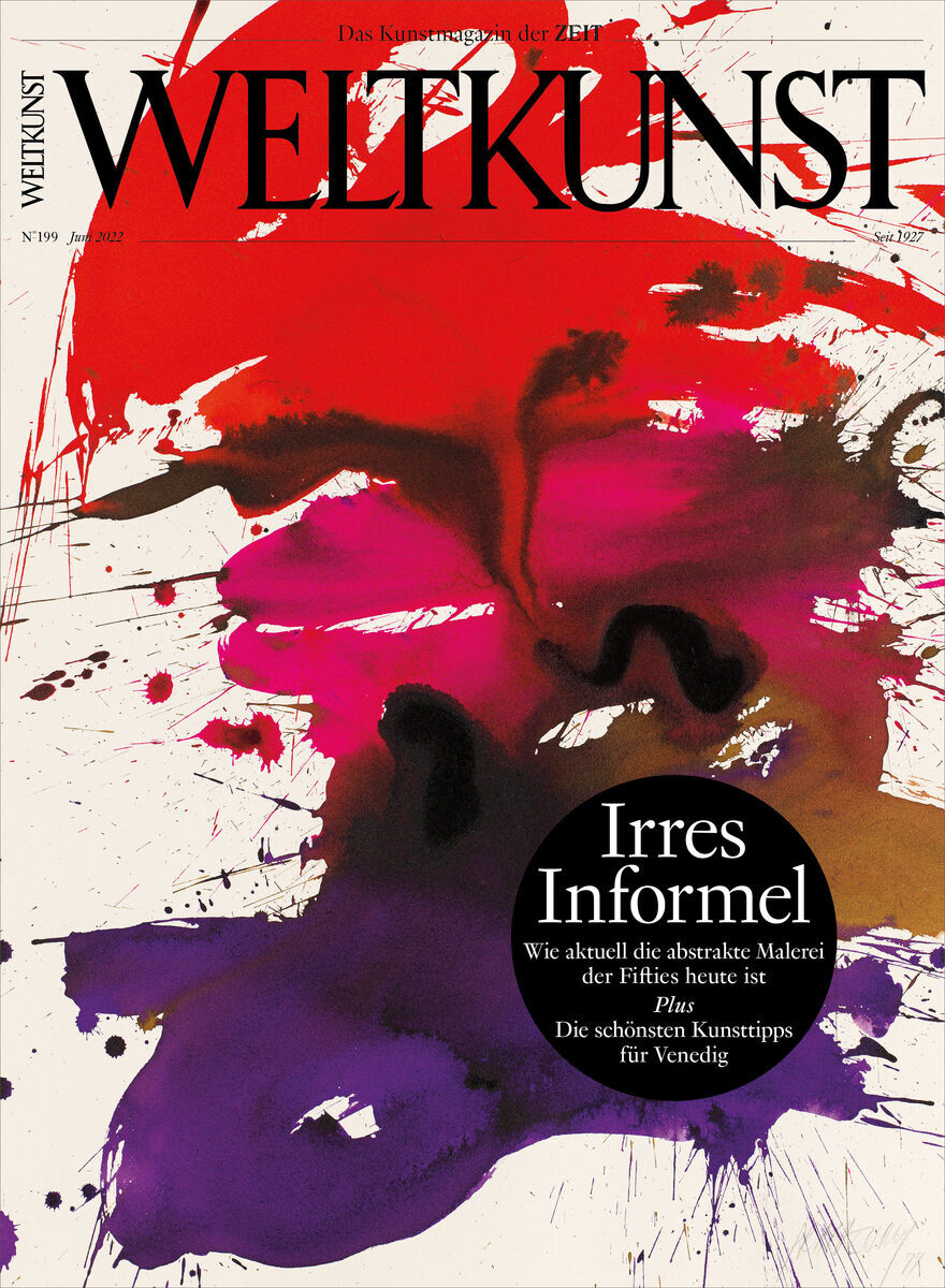 Titelbild der Zeitschrift 'WELTKUNST', Ausgabe 199/22, mit dem Thema 'Irres Informel'. Das Bild zeigt Abstrakte Malerei mit Farbspritzern in intensiven Rot-, Violett-, Blau- und Schwarztönen auf weißem Hintergrund. Oben steht der 'WELTKUNST'-Schriftzug in schwarzen Großbuchstaben auf rotem Hintergrund.